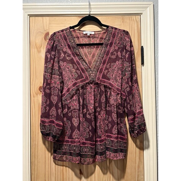 Rose + Olive Blouse Womens Medium Purple Boho Sheer Long Sleeve Top Tunic Work - Picture 1 of 5